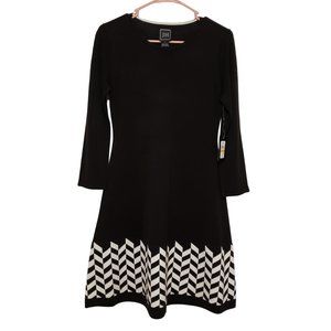 JH Design Pull Over Sweater Dress Black with White/Ivory Stripes Small NWT $74
